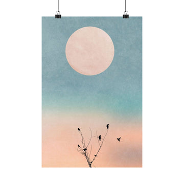 Serene Nature Vertical Poster - Tranquil Birds and Moon Design